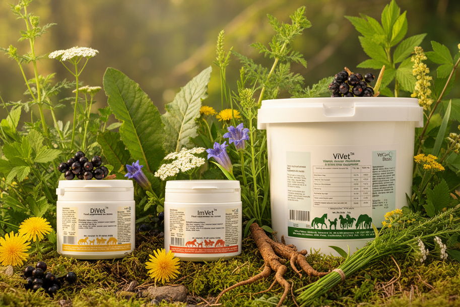 Three white plastic veterinary supplement tubs of varying sizes on a plain white background, labeled Drive, Invet, and Vivet with horse silhouettes on the labels.
