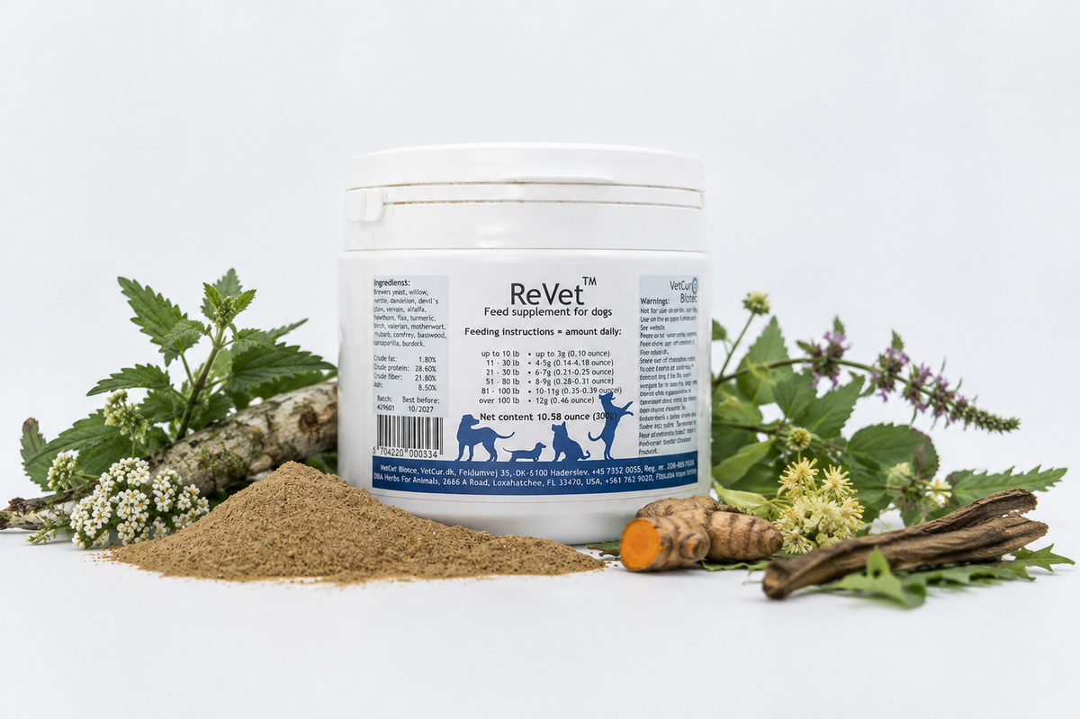 A white plastic tub of ReVet food ingredient for dogs stands on a white surface with a pile of tan powder in front and herbs, roots, and bark arranged around it. The label shows the ReVet brand and includes blue text and silhouettes of dogs and cats.